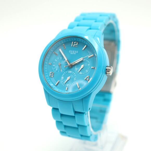 Guess Womens Blue Calendar 40mm Watch Day Date Acrylic Bracelet w New Battery - Picture 1 of 14